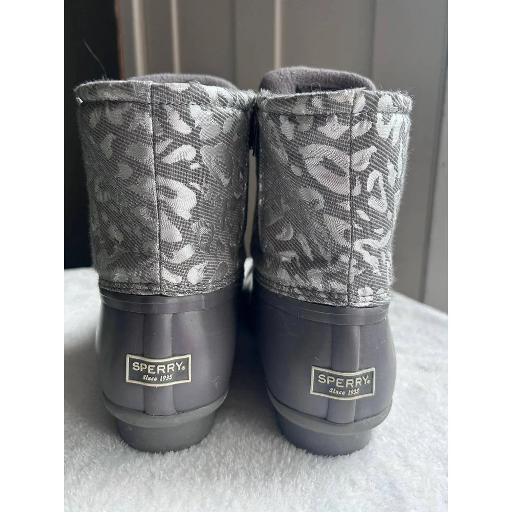 Sperry Saltwater Duck Boots Womens 12 Grey Metallic Leopard Excellent Waterproof